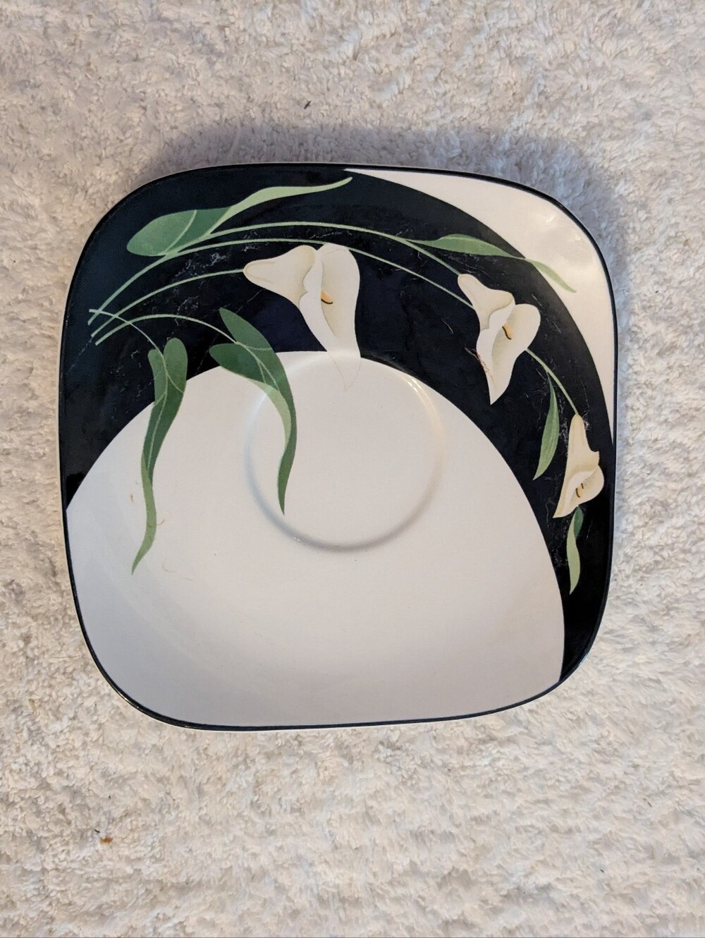 2-Sango Black and White Square Saucer Plates with Calla Lily Motif
